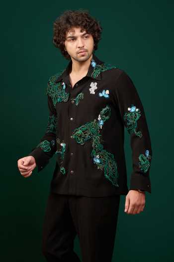 Buy Menero Black Cotton, Crepe, Lycra 3d Thread Embroidered Shirt Online at Aza Fashions Buy_Menero_Black Cotton, Crepe, Lycra 3d Thread Embroidered Shirt _Online_at_Aza_Fashions