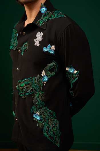 Shop Menero Black Cotton, Crepe, Lycra 3d Thread Embroidered Shirt Online at Aza Fashions Shop_Menero_Black Cotton, Crepe, Lycra 3d Thread Embroidered Shirt _Online_at_Aza_Fashions