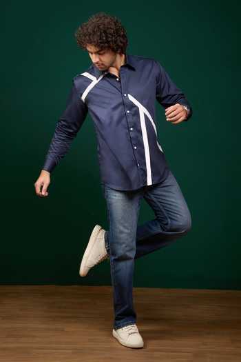 Menero Blue Cotton Diagonal Stripe Pattern Shirt Online at Aza Fashions Menero_Blue Cotton Diagonal Stripe Pattern Shirt _Online_at_Aza_Fashions