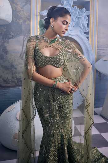 Buy Payal & Zinal Green Silk, Net Grace Embroidered Mermaid Skirt Set Online at Aza Fashions Buy_Payal & Zinal_Green Silk, Net Grace Embroidered Mermaid Skirt Set _Online_at_Aza_Fashions