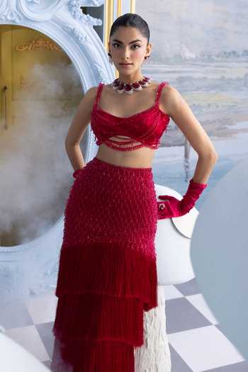 Payal & Zinal_Red Sweetheart Neck Eva Embellished Skirt And Bustier Set _Online_at_Aza_Fashions