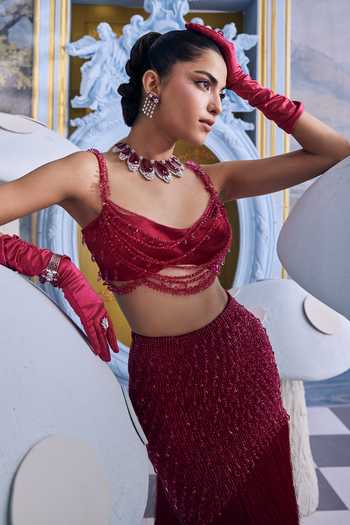 Buy_Payal & Zinal_Red Sweetheart Neck Eva Embellished Skirt And Bustier Set _Online_at_Aza_Fashions