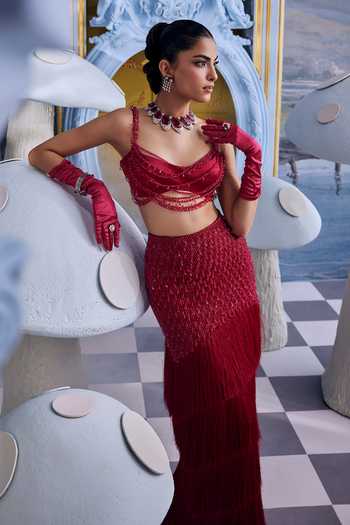 Shop_Payal & Zinal_Red Sweetheart Neck Eva Embellished Skirt And Bustier Set _Online_at_Aza_Fashions