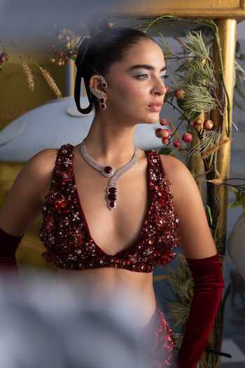 Buy Payal & Zinal Red Net, Organza, Satin V-neck Isabela Embellished Bustier And Draped Skirt Set Online at Aza Fashions Buy_Payal & Zinal_Red Net, Organza, Satin V-neck Isabela Embellished Bustier And Draped Skirt Set _Online_at_Aza_Fashions