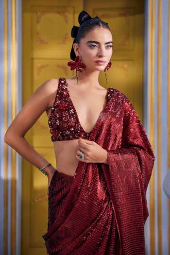 Shop Payal & Zinal Red Net, Organza, Satin Plunge Blair Textured Saree With Embellished Bustier Online at Aza Fashions Shop_Payal & Zinal_Red Net, Organza, Satin Plunge Blair Textured Saree With Embellished Bustier _Online_at_Aza_Fashions