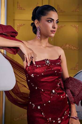 Payal & Zinal Red Net Bandeau Neck Courtney Embellished Dress With Bow Cape at Aza Fashions Payal & Zinal_Red Net Bandeau Neck Courtney Embellished Dress With Bow Cape _at_Aza_Fashions