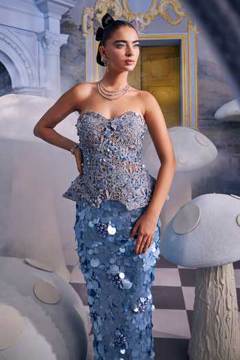 Shop Payal & Zinal Sky Blue Georgette Sequins, Stones, Opal Embellished Corset And Straight Skirt Set Online at Aza Fashions Shop_Payal & Zinal_Sky Blue Georgette Sequins, Stones, Opal Embellished Corset And Straight Skirt Set _Online_at_Aza_Fashions