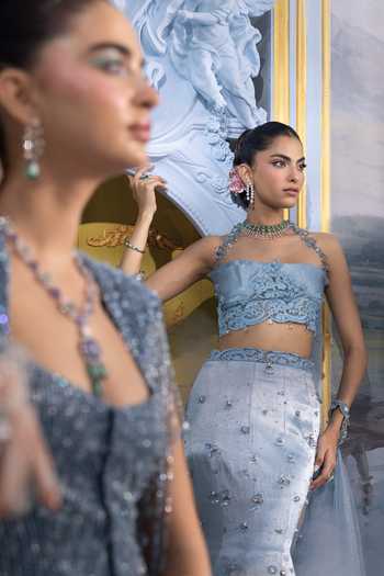 Payal & Zinal Blue Net Halter Neck Caroline Embellished Mermaid Skirt Set Online at Aza Fashions Payal & Zinal_Blue Net Halter Neck Caroline Embellished Mermaid Skirt Set _Online_at_Aza_Fashions