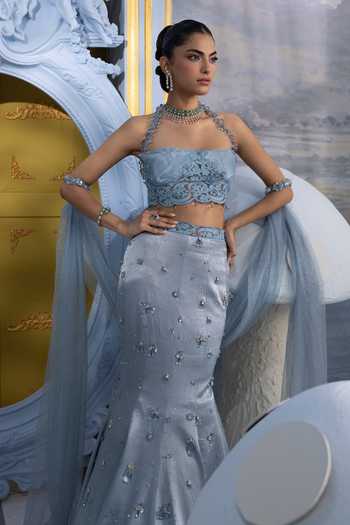 Shop Payal & Zinal Blue Net Halter Neck Caroline Embellished Mermaid Skirt Set Online at Aza Fashions Shop_Payal & Zinal_Blue Net Halter Neck Caroline Embellished Mermaid Skirt Set _Online_at_Aza_Fashions