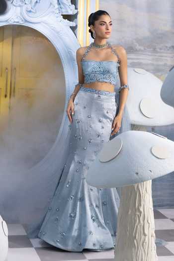 Buy Payal & Zinal Blue Net Halter Neck Caroline Embellished Mermaid Skirt Set Buy_Payal & Zinal_Blue Net Halter Neck Caroline Embellished Mermaid Skirt Set