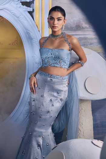 Shop Payal & Zinal Blue Net Halter Neck Caroline Embellished Mermaid Skirt Set Shop_Payal & Zinal_Blue Net Halter Neck Caroline Embellished Mermaid Skirt Set