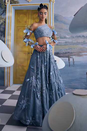 Shop Payal & Zinal Blue Organza, Satin One Shoulder Wendy Floral Embellished Blouse And Skirt Set Online at Aza Fashions Shop_Payal & Zinal_Blue Organza, Satin One Shoulder Wendy Floral Embellished Blouse And Skirt Set _Online_at_Aza_Fashions