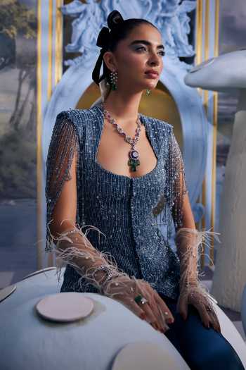 Payal & Zinal Blue Silk, Organza, Satin Square Neck Stardust Embellished Blazer And Sharara Set at Aza Fashions Payal & Zinal_Blue Silk, Organza, Satin Square Neck Stardust Embellished Blazer And Sharara Set _at_Aza_Fashions