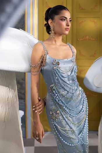 Payal & Zinal Blue Merida Embellished Dress With Cape Online at Aza Fashions Payal & Zinal_Blue Merida Embellished Dress With Cape _Online_at_Aza_Fashions