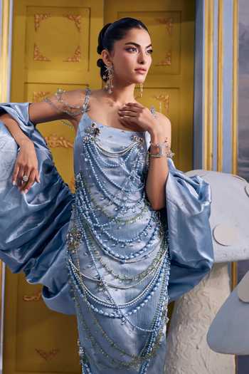 Buy Payal & Zinal Blue Merida Embellished Dress With Cape Online at Aza Fashions Buy_Payal & Zinal_Blue Merida Embellished Dress With Cape _Online_at_Aza_Fashions