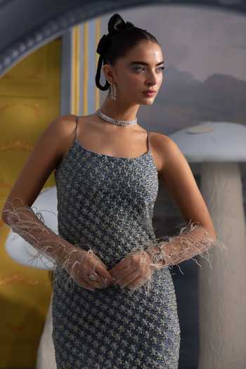 Payal & Zinal Blue Net Square Neck Dewdrop Embellished Maxi Dress Online at Aza Fashions Payal & Zinal_Blue Net Square Neck Dewdrop Embellished Maxi Dress _Online_at_Aza_Fashions