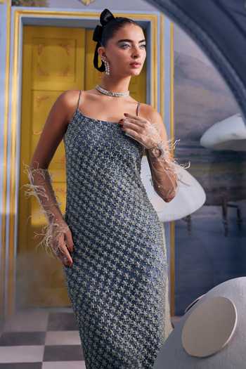 Shop Payal & Zinal Blue Net Square Neck Dewdrop Embellished Maxi Dress Online at Aza Fashions Shop_Payal & Zinal_Blue Net Square Neck Dewdrop Embellished Maxi Dress _Online_at_Aza_Fashions