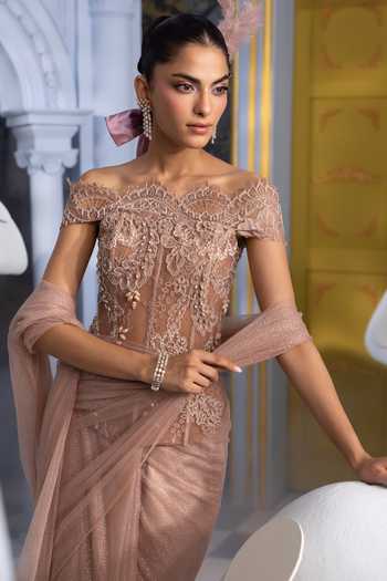 Payal & Zinal Beige Net, Lace Diamonds, Beads, Crystals Off-shoulder Erika Saree With Corset Online at Aza Fashions Payal & Zinal_Beige Net, Lace Diamonds, Beads, Crystals Off-shoulder Erika Saree With Corset _Online_at_Aza_Fashions
