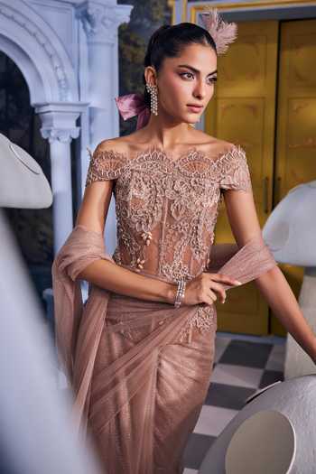 Buy Payal & Zinal Beige Net, Lace Diamonds, Beads, Crystals Off-shoulder Erika Saree With Corset Online at Aza Fashions Buy_Payal & Zinal_Beige Net, Lace Diamonds, Beads, Crystals Off-shoulder Erika Saree With Corset _Online_at_Aza_Fashions