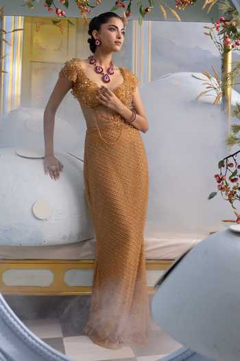 Payal & Zinal Gold Organza, Satin Sweetheart Neck Erika Embellished Skirt And Blouse Set at Aza Fashions Payal & Zinal_Gold Organza, Satin Sweetheart Neck Erika Embellished Skirt And Blouse Set _at_Aza_Fashions