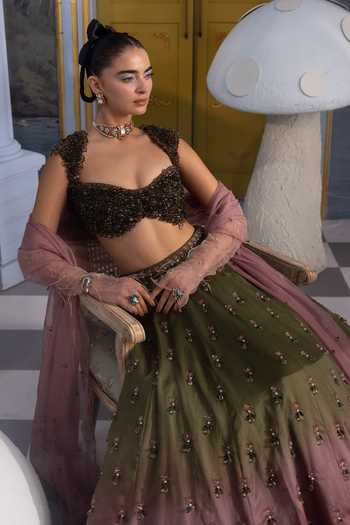 Shop Payal & Zinal Olive Green Organza, Satin Luisa Ombre Embellished Skirt Set Online at Aza Fashions Shop_Payal & Zinal_Olive Green Organza, Satin Luisa Ombre Embellished Skirt Set _Online_at_Aza_Fashions