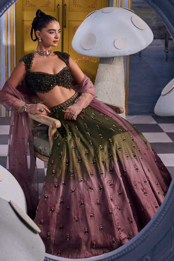 Payal & Zinal Olive Green Organza, Satin Luisa Ombre Embellished Skirt Set at Aza Fashions Payal & Zinal_Olive Green Organza, Satin Luisa Ombre Embellished Skirt Set _at_Aza_Fashions