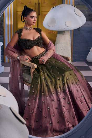 Buy Payal & Zinal Olive Green Organza, Satin Luisa Ombre Embellished Skirt Set Buy_Payal & Zinal_Olive Green Organza, Satin Luisa Ombre Embellished Skirt Set