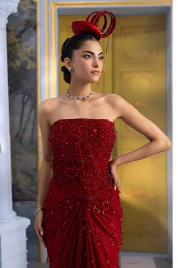 Payal & Zinal_Red Net Crystals Bandeau Neck Aurora Embellished Corset And Draped Skirt Set _Online_at_Aza_Fashions