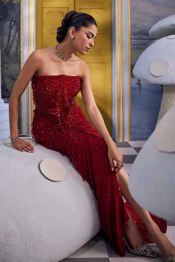 Buy_Payal & Zinal_Red Net Crystals Bandeau Neck Aurora Embellished Corset And Draped Skirt Set _Online_at_Aza_Fashions