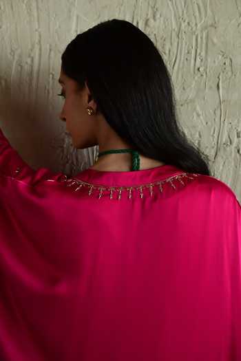 Shorshe Clothing_Pink Silk, Modal V-neck Embroidered Kaftan And Pant Set _Online_at_Aza_Fashions