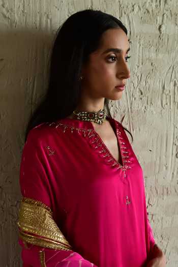 Shop_Shorshe Clothing_Pink Silk, Modal V-neck Embroidered Kaftan And Pant Set _Online_at_Aza_Fashions