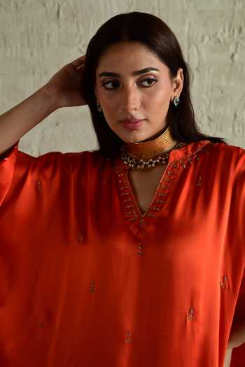 Shorshe Clothing_Orange Silk, Modal V-neck Placement Embroidered Kaftan And Pant Set _Online_at_Aza_Fashions