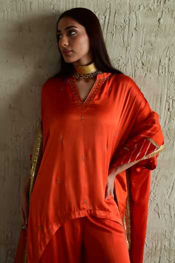 Buy_Shorshe Clothing_Orange Silk, Modal V-neck Placement Embroidered Kaftan And Pant Set _Online_at_Aza_Fashions