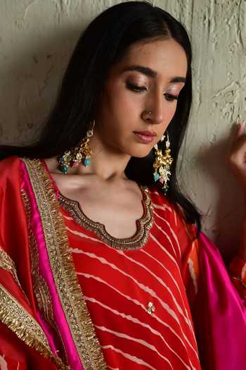 Buy_Shorshe Clothing_Orange Georgette Round Neck Leheriya Pattern Kurta And Pant Set _Online_at_Aza_Fashions