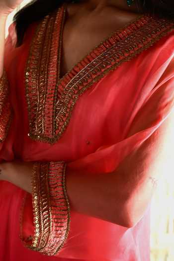 Shop_Shorshe Clothing_Coral Silk, Organza, Satin V-neck Neckline Embroidered Kaftan And Pant Set _Online_at_Aza_Fashions