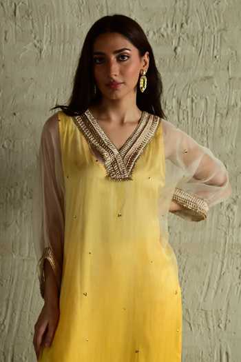 Buy_Shorshe Clothing_Yellow Silk, Organza, Satin V-neck Placement Embroidered Kaftan And Pant Set _Online_at_Aza_Fashions