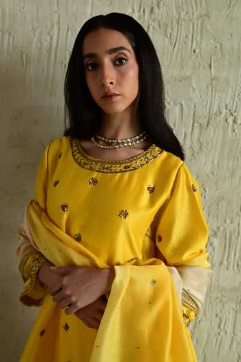 Shorshe Clothing_Yellow Chanderi Round Neck, Yes Yoke Embroidered Kurta And Pant Set _Online_at_Aza_Fashions