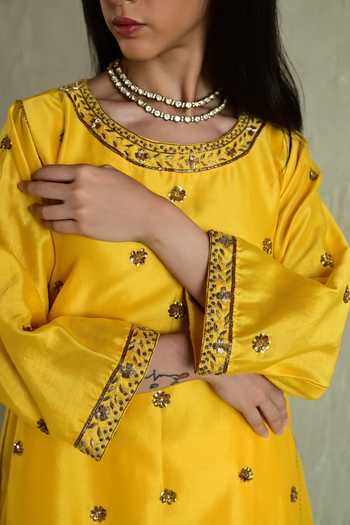 Shop_Shorshe Clothing_Yellow Chanderi Round Neck, Yes Yoke Embroidered Kurta And Pant Set _Online_at_Aza_Fashions