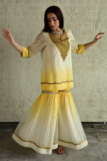 Shop_Shorshe Clothing_Yellow Chanderi, Organza Round Neck, Yes Hand Embroidered Kurta And Sharara Set _Online_at_Aza_Fashions