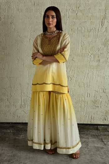 Shorshe Clothing_Yellow Chanderi, Organza Round Neck, Yes Hand Embroidered Kurta And Sharara Set _at_Aza_Fashions