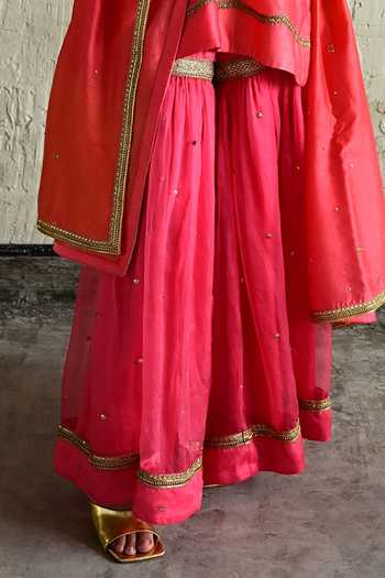 Shorshe Clothing Pink Chanderi, Organza V-neck Embroidered Kurta And Sharara Set Online at Aza Fashions Shorshe Clothing_Pink Chanderi, Organza V-neck Embroidered Kurta And Sharara Set _Online_at_Aza_Fashions