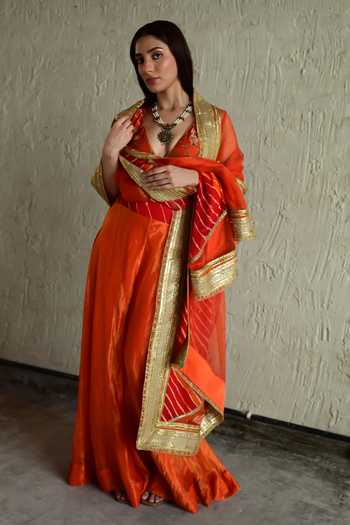 Shorshe Clothing_Orange Organza, Georgette Leheriya Pattern Dupatta _Online_at_Aza_Fashions