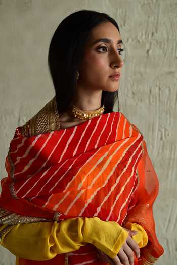 Buy_Shorshe Clothing_Orange Organza, Georgette Leheriya Pattern Dupatta _Online_at_Aza_Fashions