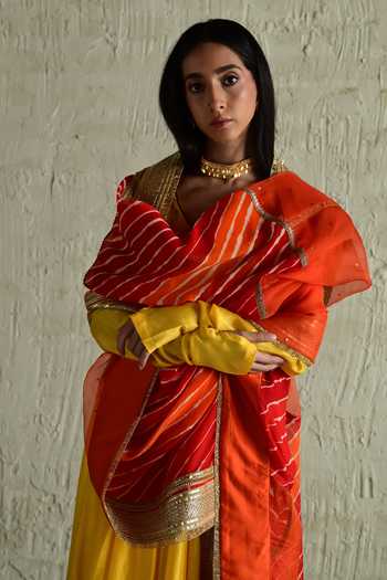 Shop_Shorshe Clothing_Orange Organza, Georgette Leheriya Pattern Dupatta _Online_at_Aza_Fashions