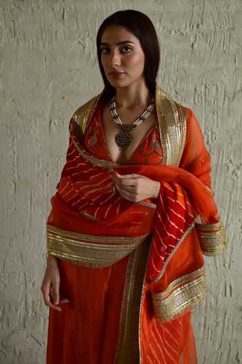Buy_Shorshe Clothing_Orange Organza, Georgette Leheriya Pattern Dupatta 
