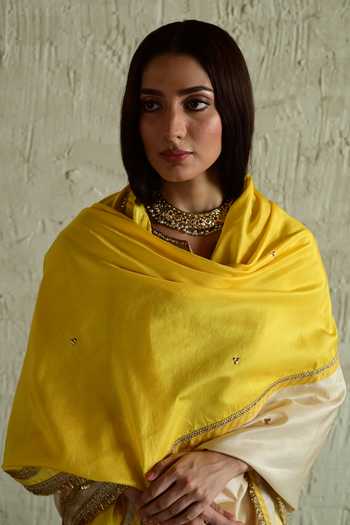 Shorshe Clothing_Yellow Silk Hand Embroidered Dupatta _Online_at_Aza_Fashions