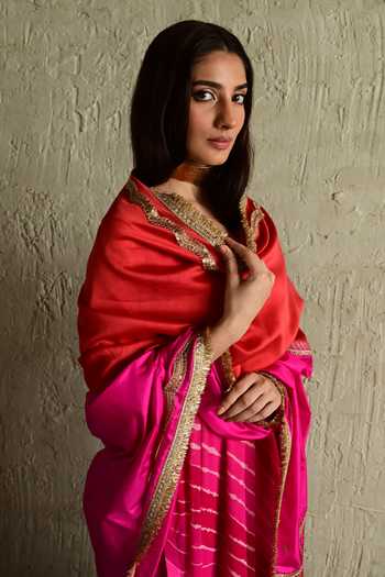 Shorshe Clothing_Pink Silk Aadha Lace Embroidered Dupatta _Online_at_Aza_Fashions
