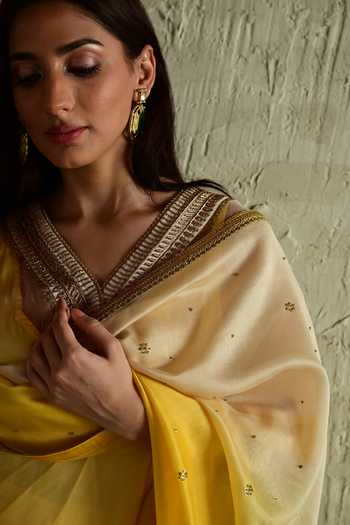 Shorshe Clothing_Yellow Chanderi Ombre Embroidered Dupatta _at_Aza_Fashions
