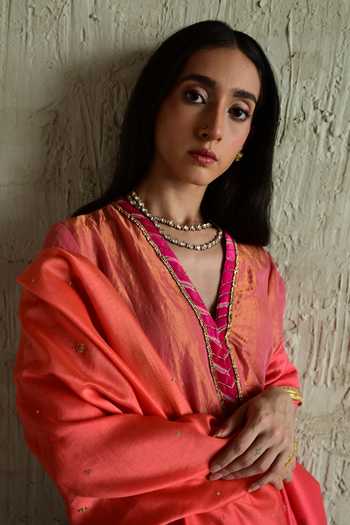 Buy_Shorshe Clothing_Pink Chanderi Embroidered Dupatta _Online_at_Aza_Fashions