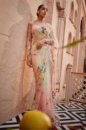 Buy Show Shaa Multicolor Net, Crepe Beads, Tassels, Embroidery Sweetheart Saree With Blouse at Aza Fashions Buy_Show Shaa_Multicolor Net, Crepe Beads, Tassels, Embroidery Sweetheart Saree With Blouse _at_Aza_Fashions